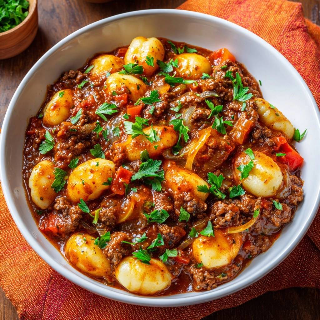 Gnocchi mit Rinderhack-Ragout, serviert in einer weißen Schüssel, garniert mit frischer Petersilie, und in einer köstlichen, reichhaltigen Sauce.