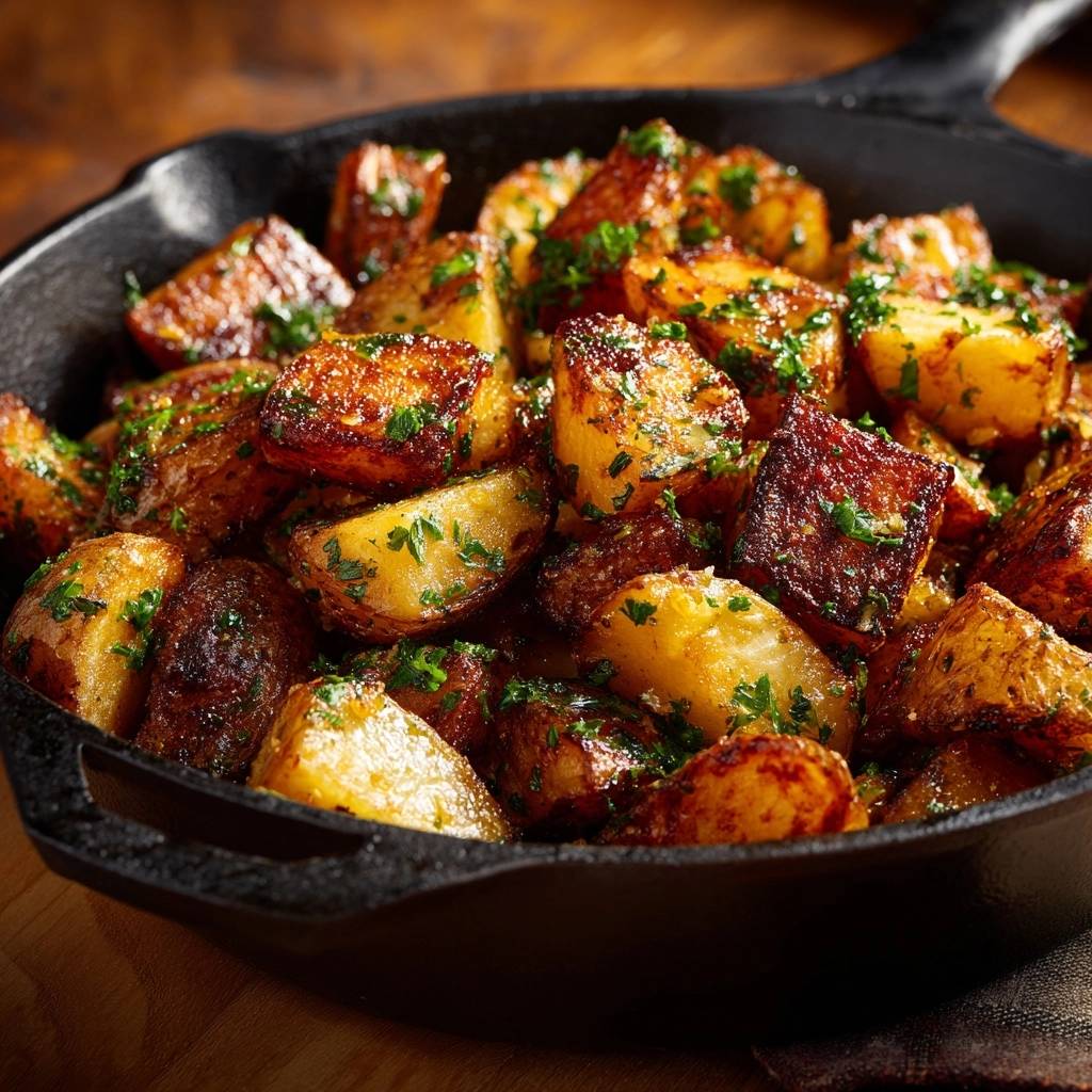 Goldbraune Pfannenkartoffeln in einer gusseisernen Pfanne, nah aufgenommen. Die Kartoffelstücke sind goldbraun gebraten und mit Kräutern garniert.