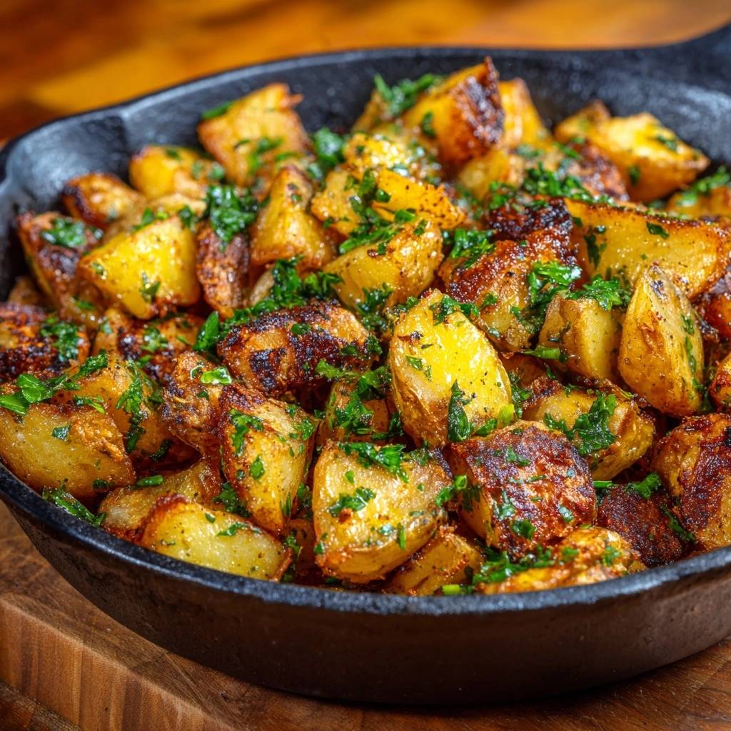 Goldbraune Pfannenkartoffeln in einer gusseisernen Pfanne, garniert mit frischer Petersilie, aus nächster Nähe betrachtet. Die Kartoffeln sind goldbraun gebraten.