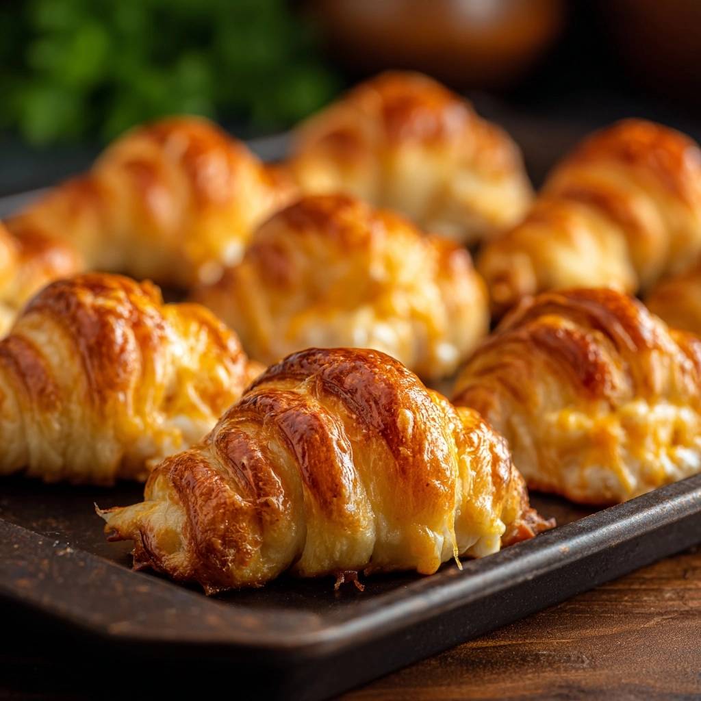 Goldbraune Schinken-Käse-Croissants in Nahaufnahme, die goldbraune Kruste und die knusprige Textur der Croissants zeigen.