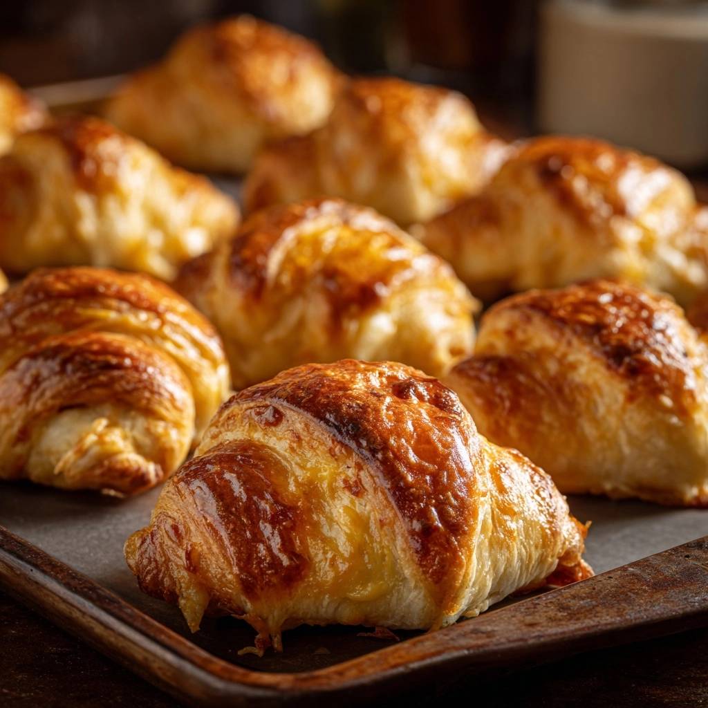 Goldbraune Schinken-Käse-Croissants in Nahaufnahme, frisch aus dem Ofen gebacken und auf einem Backblech angerichtet. Die knusprige Kruste glänzt verführerisch.
