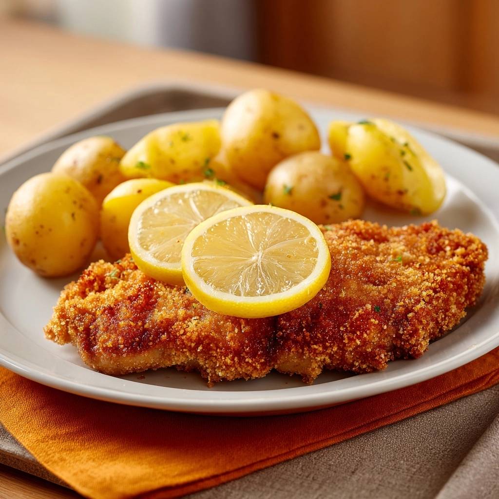 Goldbraunes Putenschnitzel mit Petersilienkartoffeln serviert auf einem weißen Teller, garniert mit Zitronenscheiben, neben goldgelben Kartoffeln.