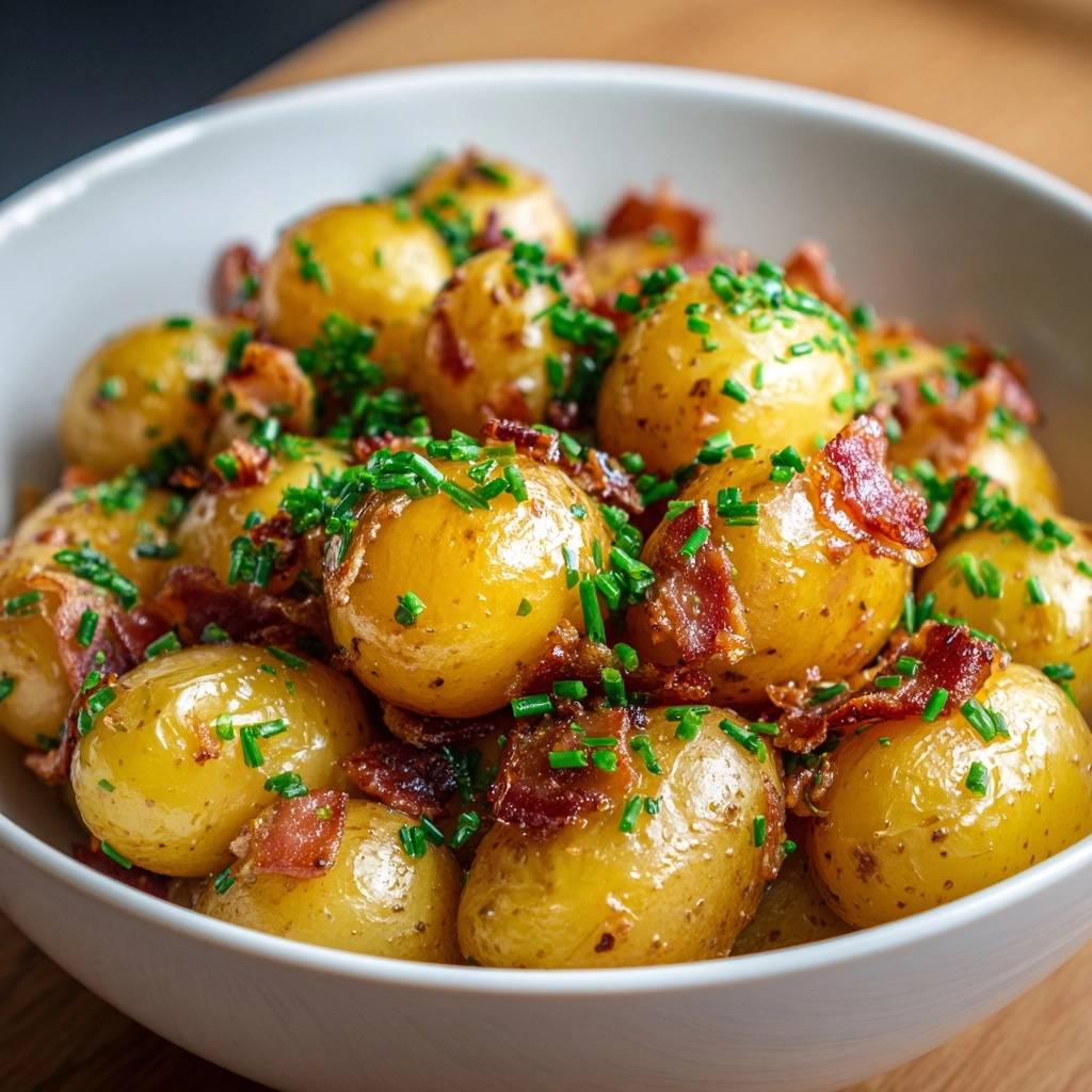 Goldene Babykartoffeln mit Speck und Schnittlauch in einer weißen Schüssel von oben gesehen, garniert mit frischem Schnittlauch.