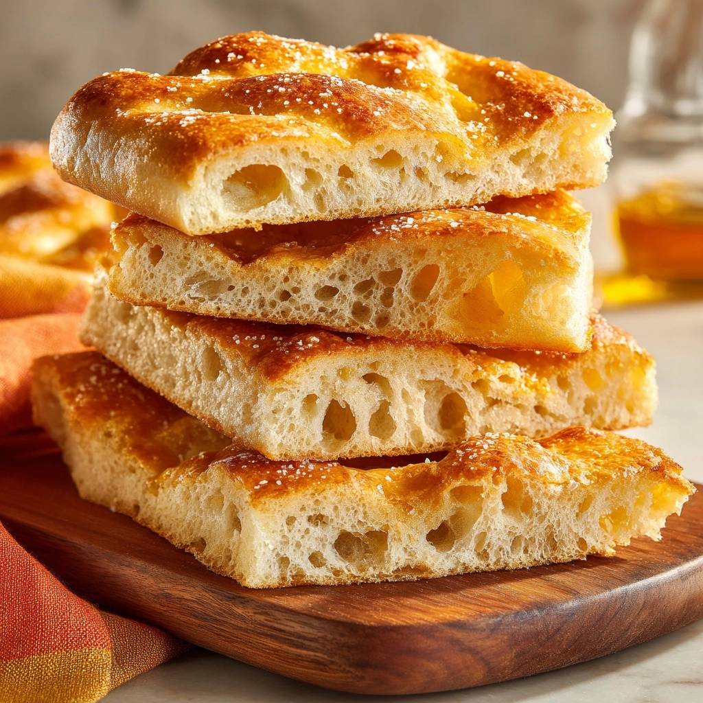 Goldene Olivenoel Focaccia Querschnitt 1 Goldene Olivenöl Focaccia zeigt einen Nahaufnahme-Querschnitt, der die luftige Textur und die großen Blasen im Teig offenbart.