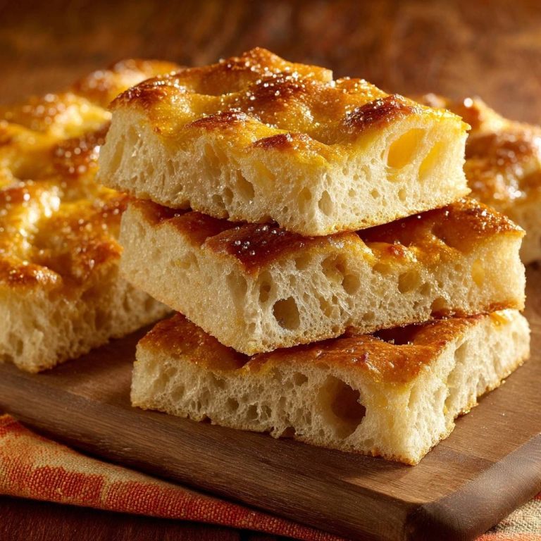 Goldene Olivenöl Focaccia zeigt einen Nahaufnahme-Querschnitt, der die luftige Textur und die großen Blasen im Teig offenbart.