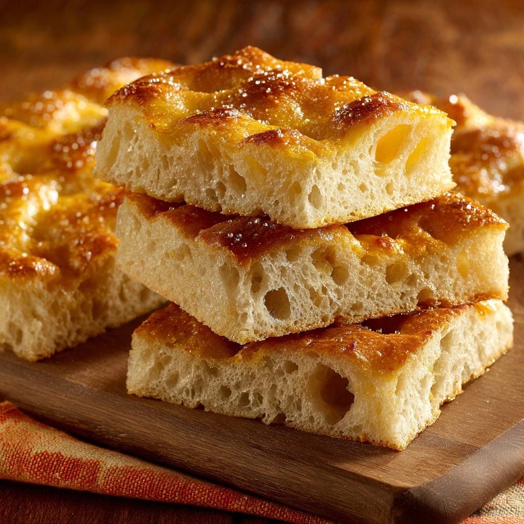 Goldene Olivenöl Focaccia zeigt einen Nahaufnahme-Querschnitt, der die luftige Textur und die großen Blasen im Teig offenbart.