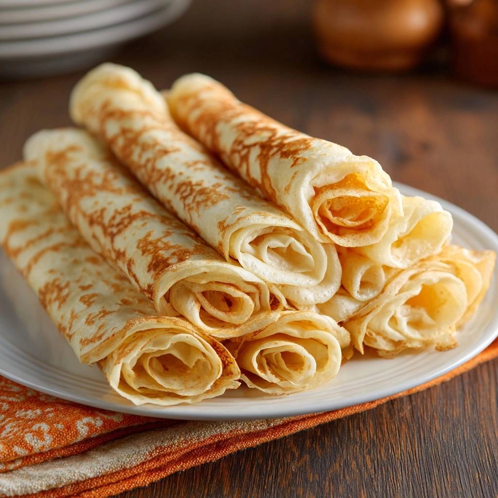 Goldgelbe Pfannkuchenrollen, gerollt und appetitlich angerichtet, zeigen eine Nahaufnahme der goldbraunen, zarten Teigrollen.