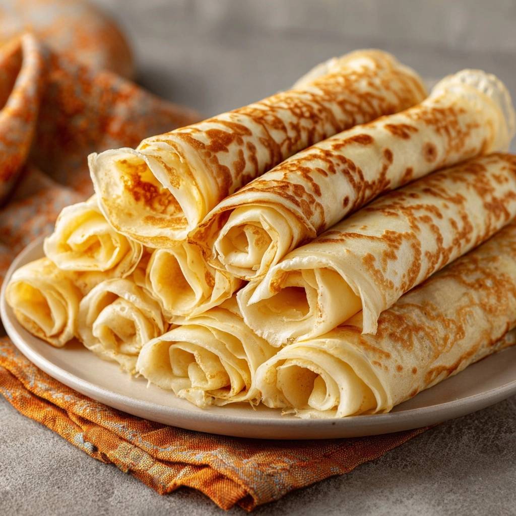 Goldgelbe Pfannkuchenrollen Gerollt Serviert 1 Goldgelbe Pfannkuchenrollen, serviert auf einem Teller, zeigen die gerollte Form und die zarte Textur des Teigs.
