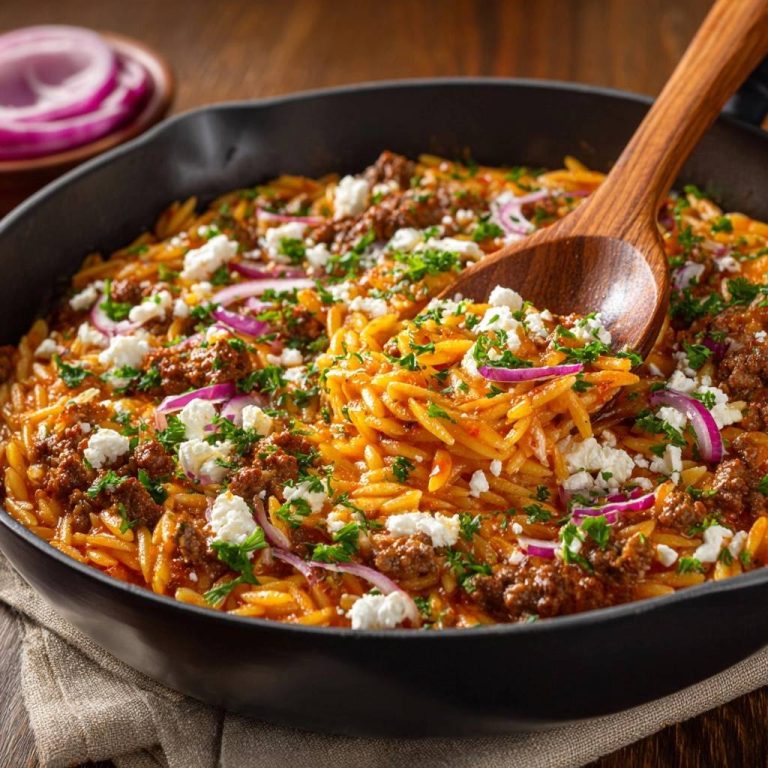 Griechische Hack-Nudel-Pfanne mit Orzo-Nudeln und Hackfleisch, serviert in einer Pfanne, gekrönt mit Feta und roten Zwiebeln, wird mit einem Holzlöffel serviert.