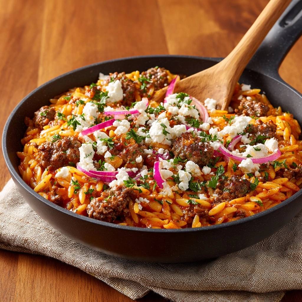 Griechische Hack Nudel Pfanne Von Oben Serviert 1 Griechische Hack-Nudel-Pfanne, serviert in einer Pfanne, mit frischen roten Zwiebeln, Feta-Käse und Petersilie garniert.