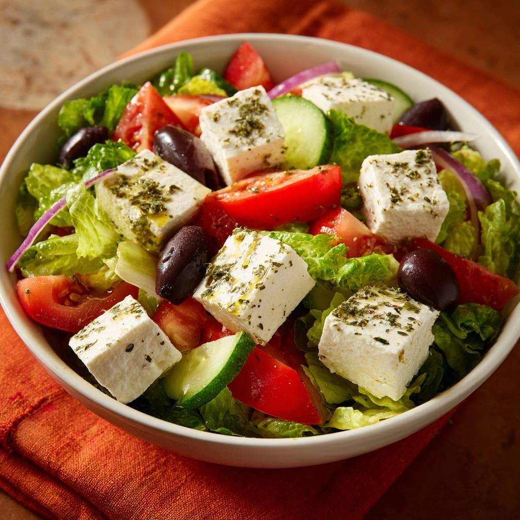 Griechischer Bauernsalat Draufsicht Serviert 1 Griechischer Bauernsalat, serviert in einer Schüssel, mit frischem Gemüse, Feta-Käse und Oliven. Diese Draufsicht zeigt die Farben und Texturen des klassischen Salats.