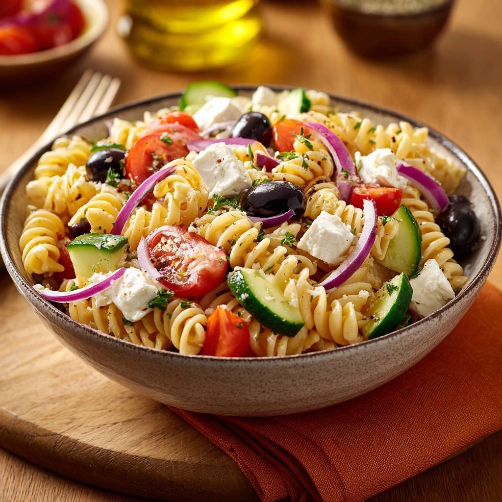 Griechischer Fusilli-Salat in Nahaufnahme, serviert in einer rustikalen Schüssel, mit frischen Tomaten, Gurken, Oliven und Feta-Käse.