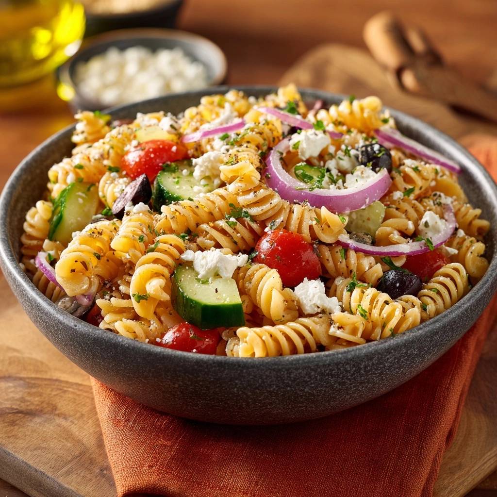 Griechischer Fusilli Salat Serviert Nahaufnahme 1 Griechischer Fusilli-Salat in einer Schüssel serviert, mit frischem Gemüse, Oliven und Feta-Käse garniert, ein leckeres und sättigendes Gericht.