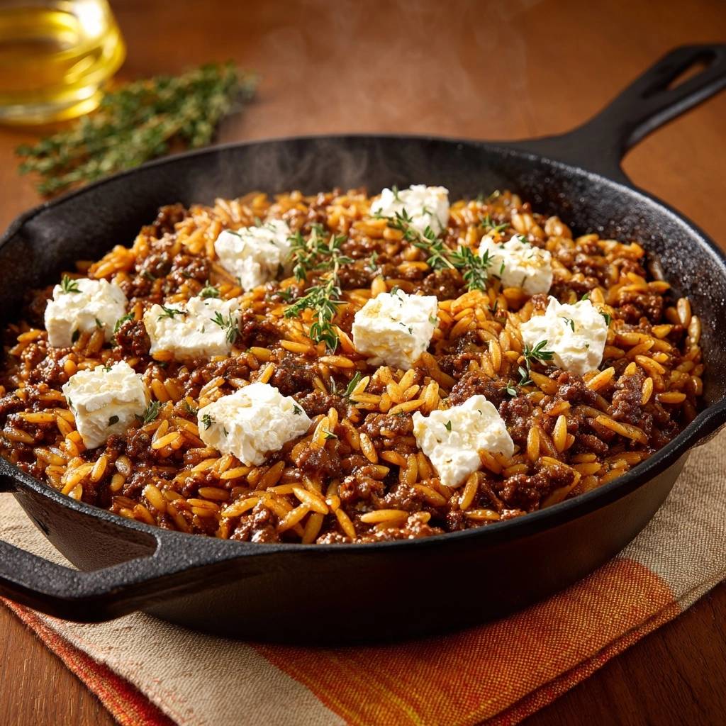 Griechisches Orzo mit Hackfleisch und Feta in der Pfanne aus der Vogelperspektive, garniert mit frischem Thymian und Feta-Würfeln.