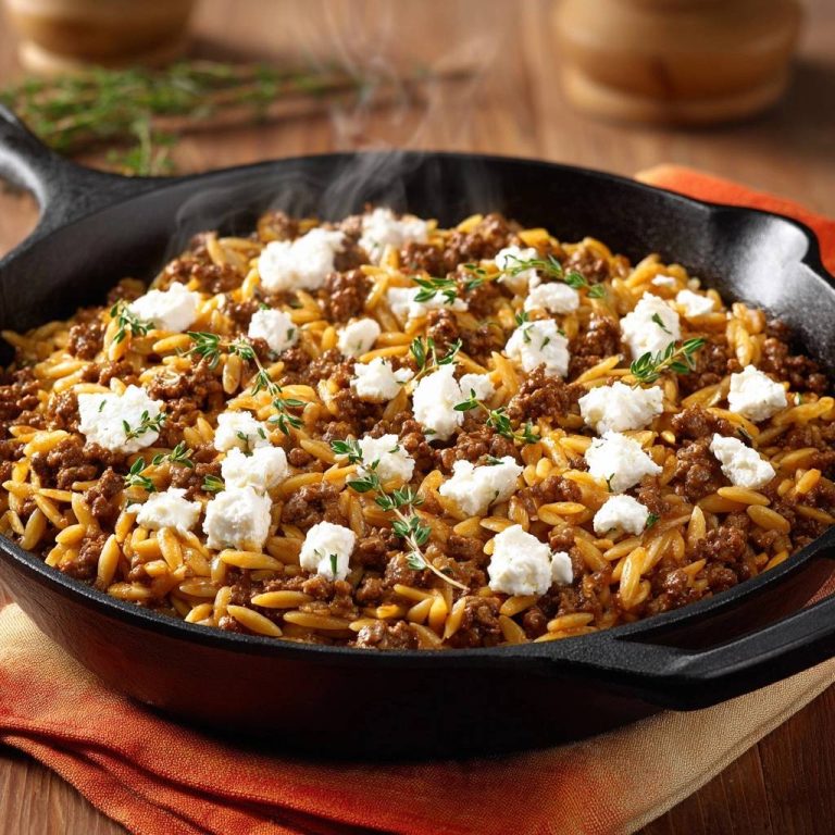 Griechisches Orzo mit Hackfleisch und Feta in einer gusseisernen Pfanne, garniert mit frischem Thymian und cremigem Feta-Käse.