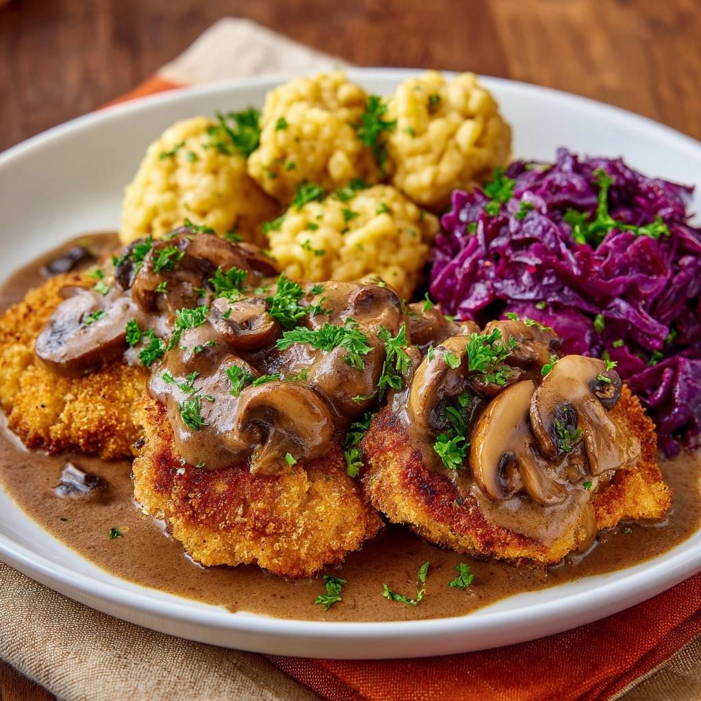 Haehnchenschnitzel Mit Pilzrahmsauce Serviert 1 Hähnchenschnitzel mit Pilzrahmsauce serviert auf einem Teller. Das Gericht wird mit Knödeln und Rotkraut serviert, garniert mit frischer Petersilie.