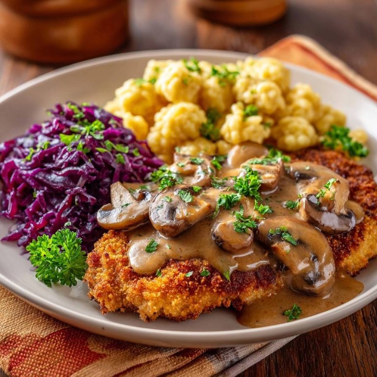 Hähnchenschnitzel mit Pilzrahmsauce serviert auf einem Teller mit Knödeln und Rotkraut, garniert mit frischer Petersilie.