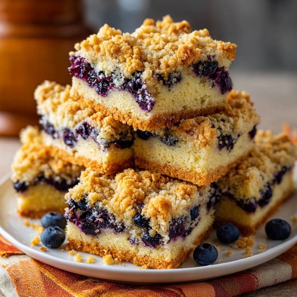 Heidelbeer-Streuselschnitten mit knusprigen Streuseln, ein Nahaufnahme-Querschnitt, der die saftigen Blaubeeren und den Kuchenteig zeigt.