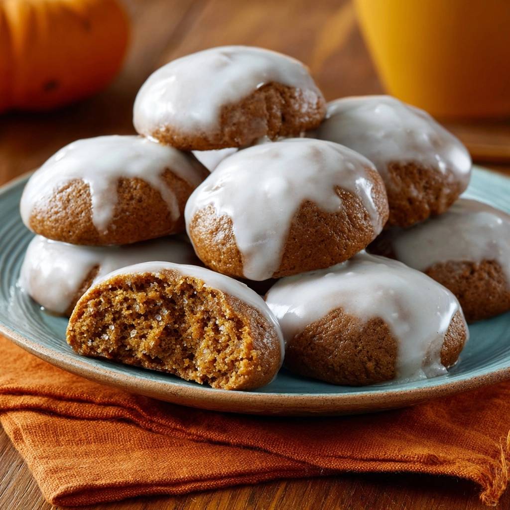 Herbstliche Kurbiskekse Querschnitt 1 Herbstliche Kürbiskekse mit Zuckerguss zeigen hier ihren saftigen, hellbraunen Innenraum. Ein Biss in einen der Kekse enthüllt die lockere, leicht körnige Textur.