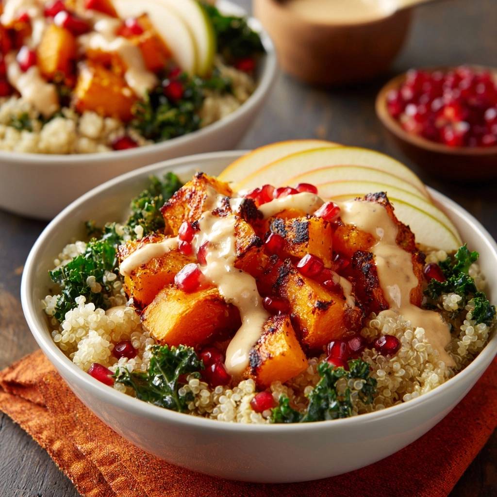Herbstlicher Kürbis-Quinoa-Bowl serviert in einer Schüssel, garniert mit Granatapfelkernen und einem cremigen Dressing. Ein gesundes und farbenfrohes Gericht, perfekt für den Herbst.