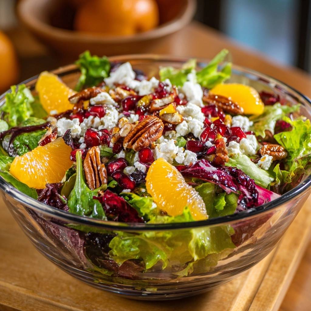 Herbstlicher Orangen Pekannuss Feta Salat Draufsicht 1 Herbstlicher Orangen-Pekannuss-Feta-Salat in einer Glasschüssel, mit frischem Salat, Orangenstücken, Granatapfelkernen und Pekannüssen von oben betrachtet.