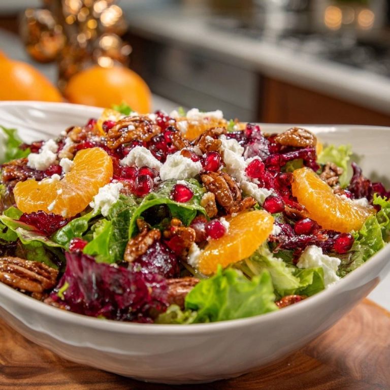 Herbstlicher Orangen-Pekannuss-Feta-Salat in einer weißen Schüssel von oben gesehen, mit frischen Zutaten angerichtet. Der bunte Salat ist ein Fest für die Augen.