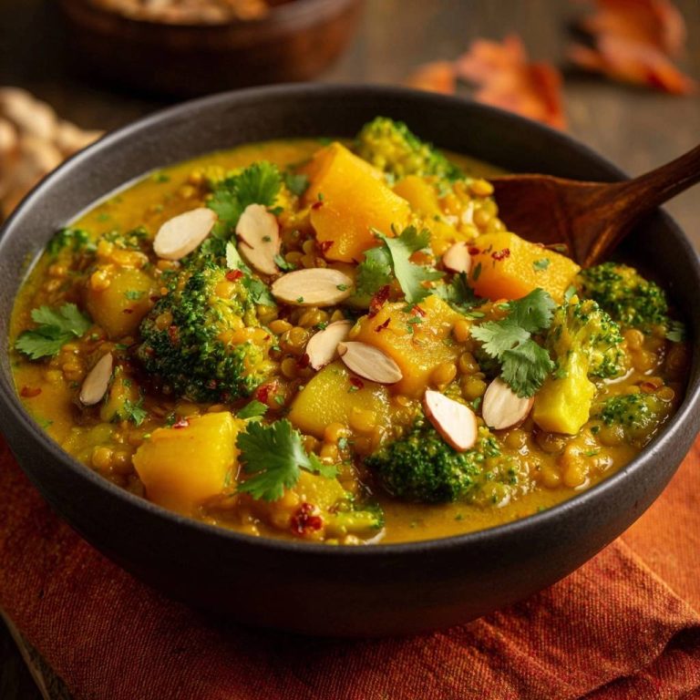Herbstliches Kürbis-Brokkoli-Dal serviert in einer dunklen Schüssel, garniert mit Mandelsplittern und frischem Koriander. Ein herzhaftes, vegetarisches Gericht.