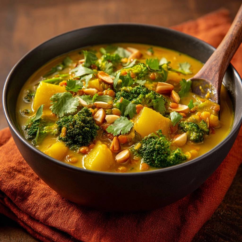 Herbstliches Kurbis Brokkoli Dal Serviert 1 Herbstliches Kürbis-Brokkoli-Dal serviert in einer dunklen Schüssel, garniert mit frischen Kräutern und gerösteten Nüssen.