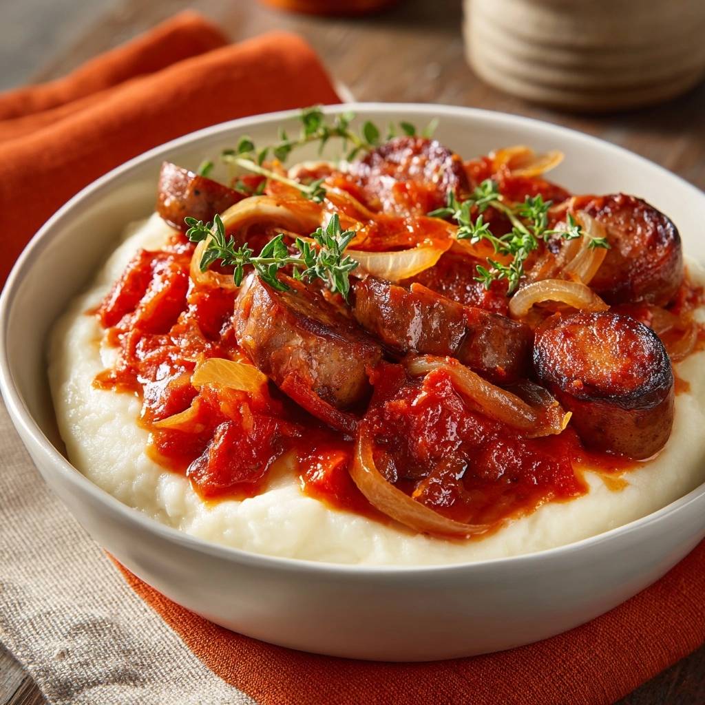 Herzhafte Bratwurst Pfanne Auf Kartoffelstampf Serviert 1 Herzhafte Bratwurst-Pfanne auf Kartoffelstampf serviert in einer weißen Schüssel, garniert mit frischen Kräutern. Das deftige Gericht wird in Nahaufnahme gezeigt.