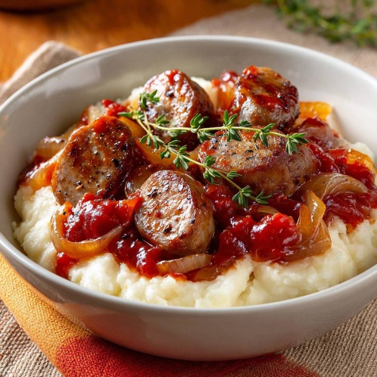 Herzhafte Bratwurst-Pfanne auf Kartoffelstampf serviert in einer Schüssel, garniert mit frischen Kräutern, ein köstliches Gericht.