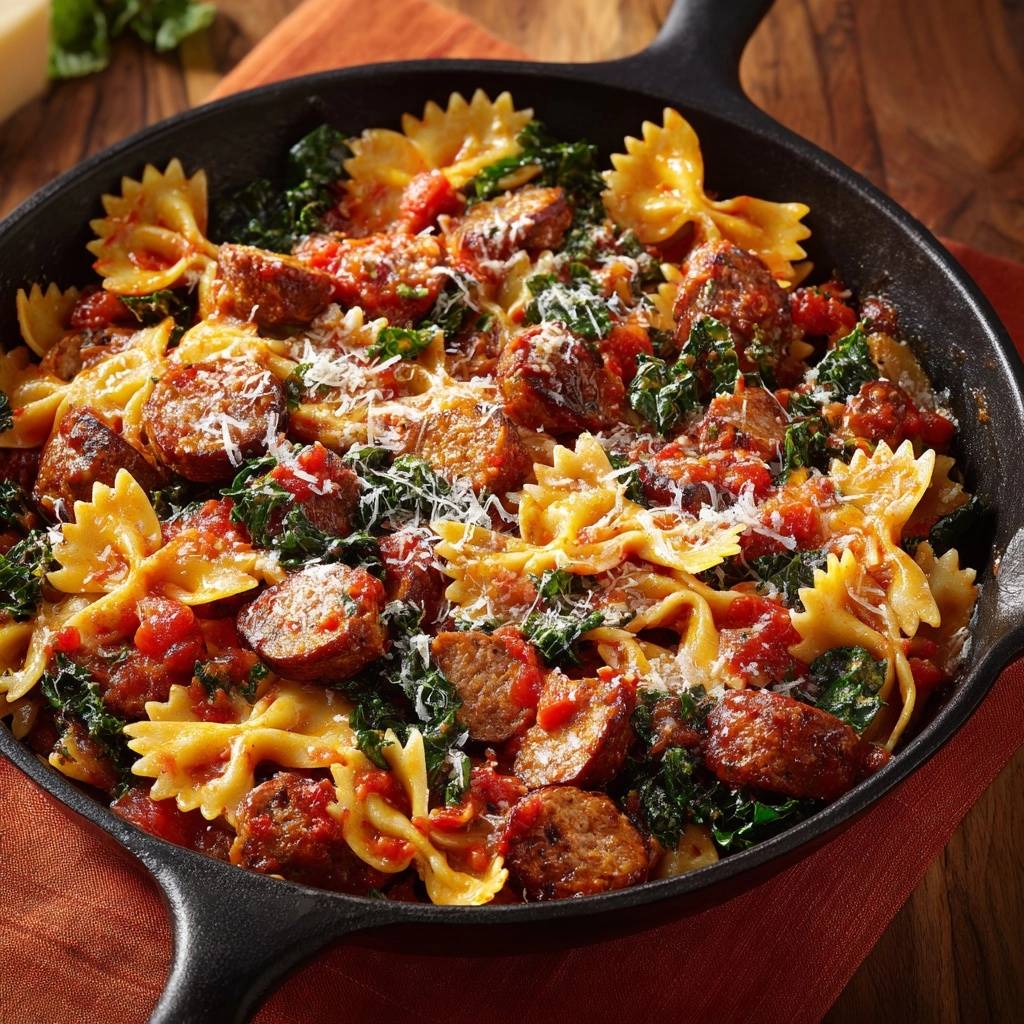 Herzhafte Farfalle-Pfanne mit Wurst und Grünkohl in einer gusseisernen Pfanne, garniert mit geriebenem Käse und serviert von oben.