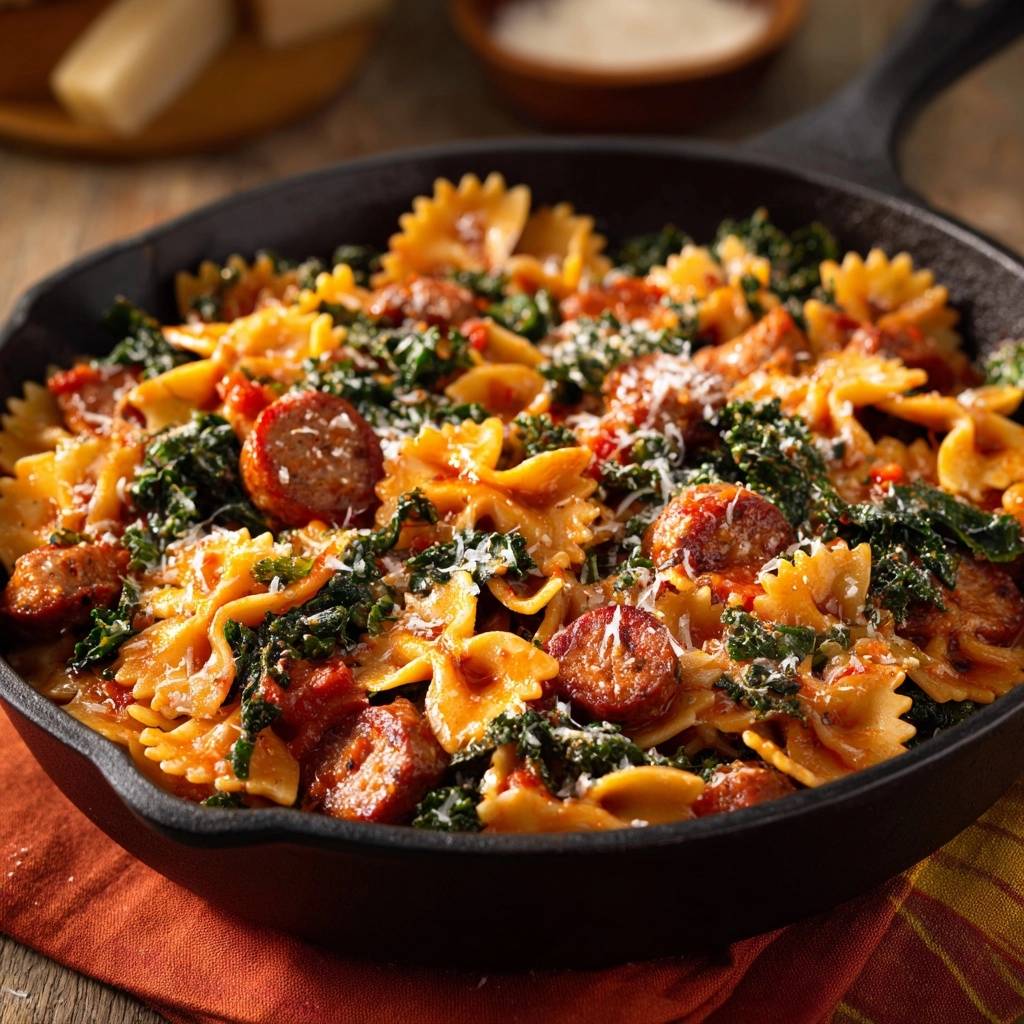 Herzhafte Farfalle Pfanne Mit Wurst Und Grunkohl Draufsicht 1 Herzhafte Farfalle-Pfanne mit Wurst und Grünkohl in einer schwarzen Pfanne, serviert mit frischem Grünkohl und geriebenem Parmesan.