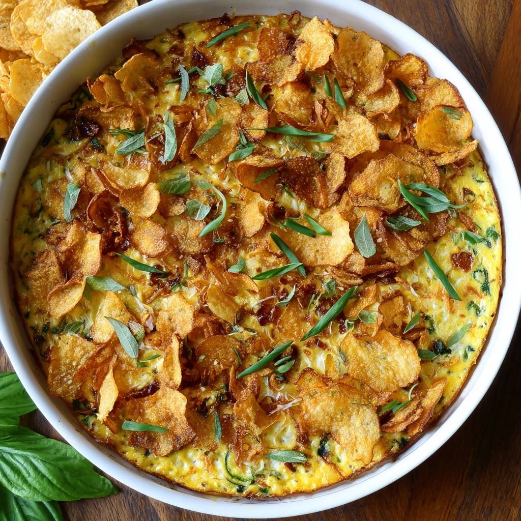 Herzhafte Kartoffelchip Frittata Mit Zucchini Draufsicht 1 Herzhafte Kartoffelchip-Frittata mit Zucchini, serviert in einer weißen Auflaufform, mit knusprigen Kartoffelchips und frischen Kräutern garniert.