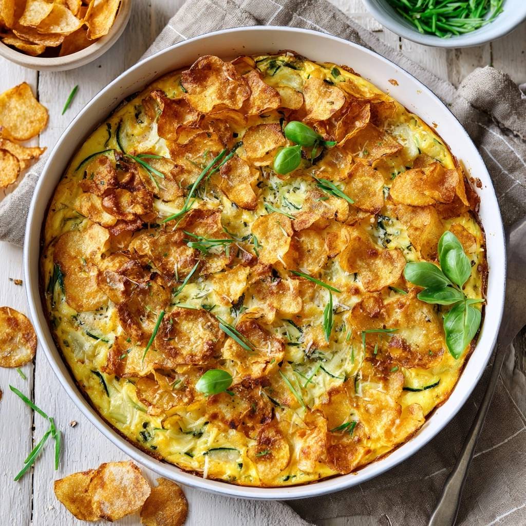Herzhafte Kartoffelchip-Frittata mit Zucchini, serviert in einer weißen Auflaufform, mit knusprigen Kartoffelchips und frischen Kräutern dekoriert.