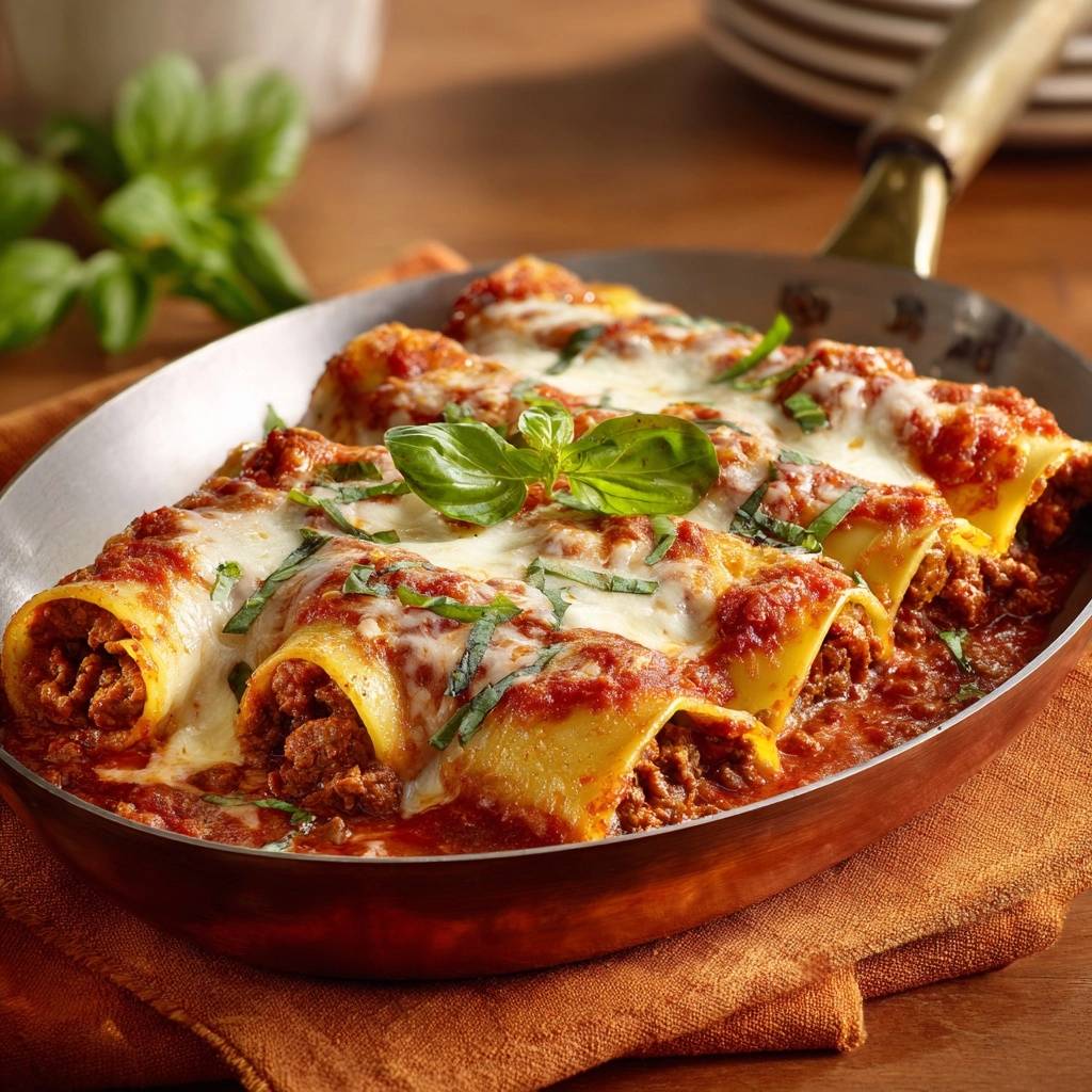 Herzhafte Rinder Cannelloni Aus Der Pfanne Nahaufnahme 1 Herzhafte Rinder-Cannelloni aus der Pfanne in Nahaufnahme, garniert mit frischem Basilikum und geschmolzenem Käse, serviert in einer Pfanne.