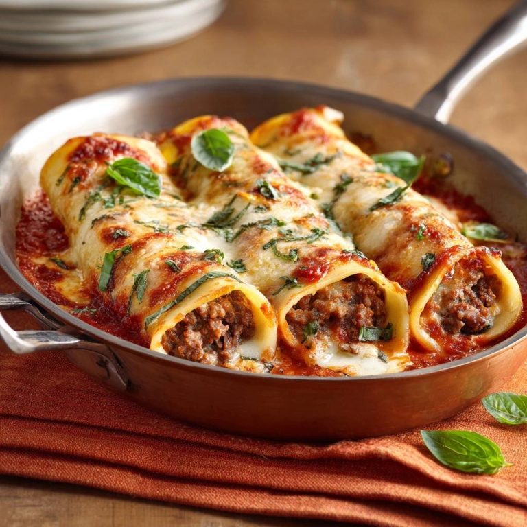 Herzhafte Rinder-Cannelloni aus der Pfanne in Nahaufnahme, serviert in einer Pfanne mit geschmolzenem Käse und frischem Basilikum.