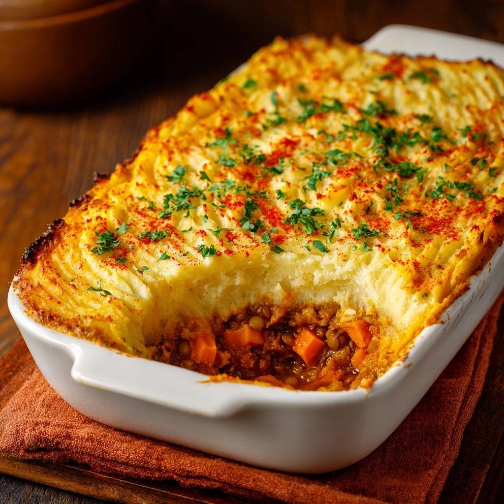Herzhafter Linseneintopf mit Kartoffelkruste in einer Auflaufform, mit einem angeschnittenen Stück, das die köstliche Füllung zeigt.