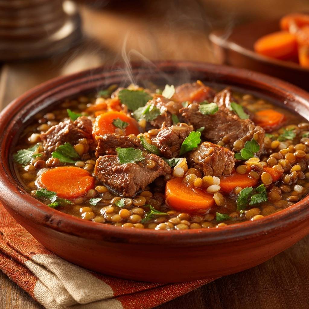 Herzhafter Linseneintopf mit Rindfleisch in einer rustikalen Schüssel, serviert mit frischen Kräutern und dampfend heiß.