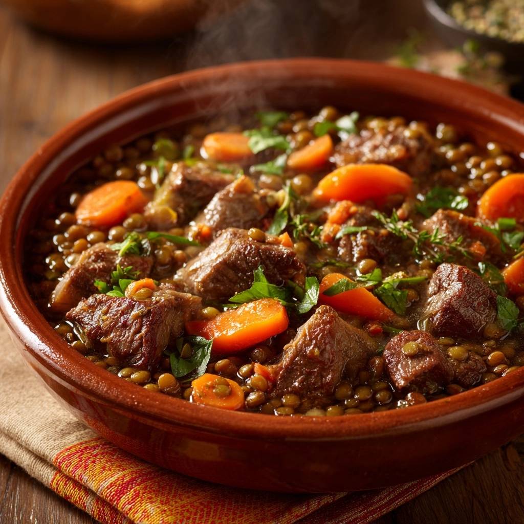 Herzhafter Linseneintopf mit Rindfleisch in einer rustikalen Schüssel, dampfend und mit frischen Kräutern garniert.