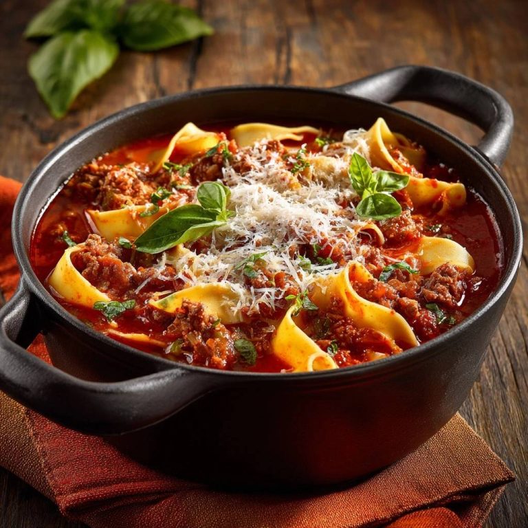 Herzhafter Pappardelle-Eintopf in einer schwarzen Schüssel, garniert mit frischem Basilikum und geriebenem Käse, Nahaufnahme.