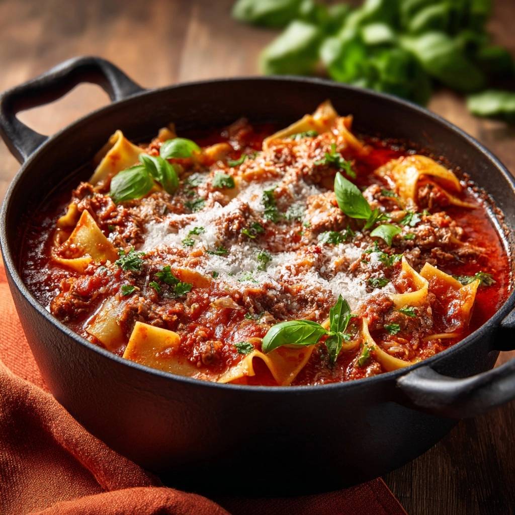 Herzhafter Pappardelle Eintopf Nahaufnahme Serviert 1 Herzhafter Pappardelle-Eintopf in einer schwarzen Pfanne serviert, garniert mit frischen Basilikumblättern und geriebenem Käse.