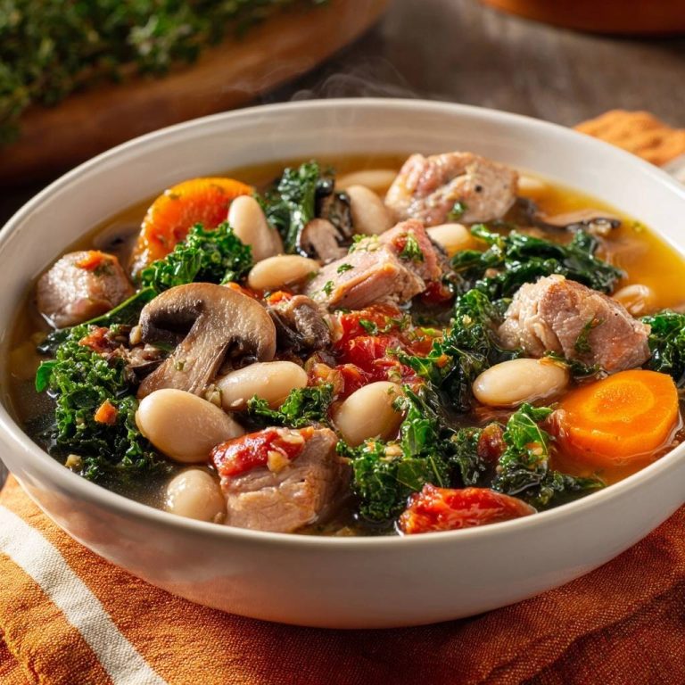 Herzhafter Rindfleisch-Bohnen-Eintopf in Nahaufnahme, dampfend heiß serviert, mit frischem Gemüse und rustikalen Fleischstücken.