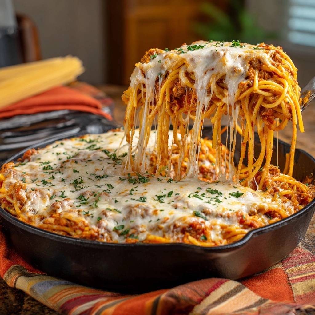 Herzhafter Spaghetti Auflauf Aus Der Pfanne Kaese Zieht 1 Herzhafter Spaghetti-Auflauf aus der Pfanne, mit geschmolzenem Käse, der sich beim Herausnehmen aus der Pfanne zieht. Ein köstliches Gericht ohne Wasser!