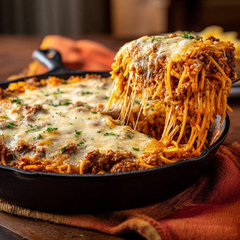 Herzhafter Spaghetti-Auflauf aus der Pfanne, mit geschmolzenem Käse, der sich beim Herausheben aus der Pfanne zieht und köstlich aussieht.