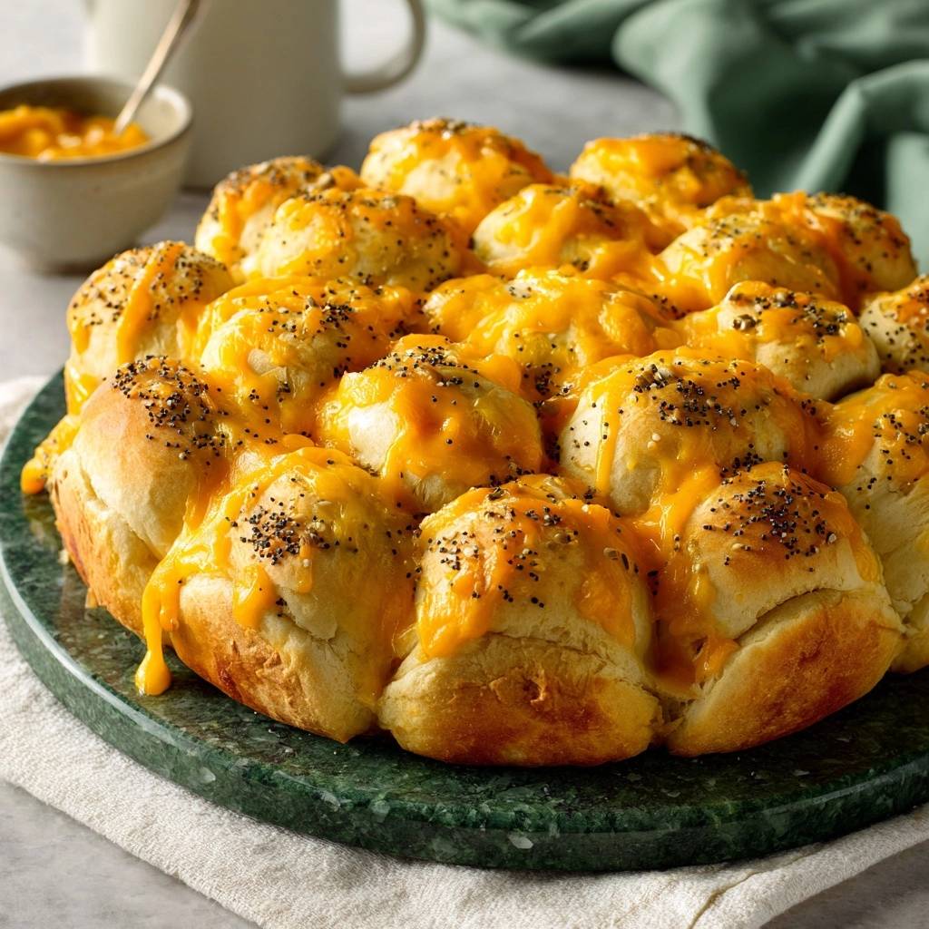 Herzhaftes Cheddar Zupfbrot in einer Nahaufnahme, überbacken mit geschmolzenem Käse und bestreut mit Mohnsamen.