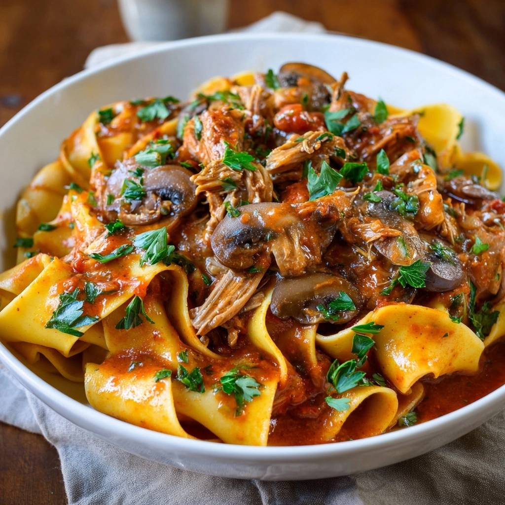 Herzhaftes Rinder Ragout Mit Pappardelle Draufsicht 1 Herzhaftes Rinder-Ragout mit Pappardelle in einer Schüssel, serviert und mit frischer Petersilie garniert, von oben betrachtet.