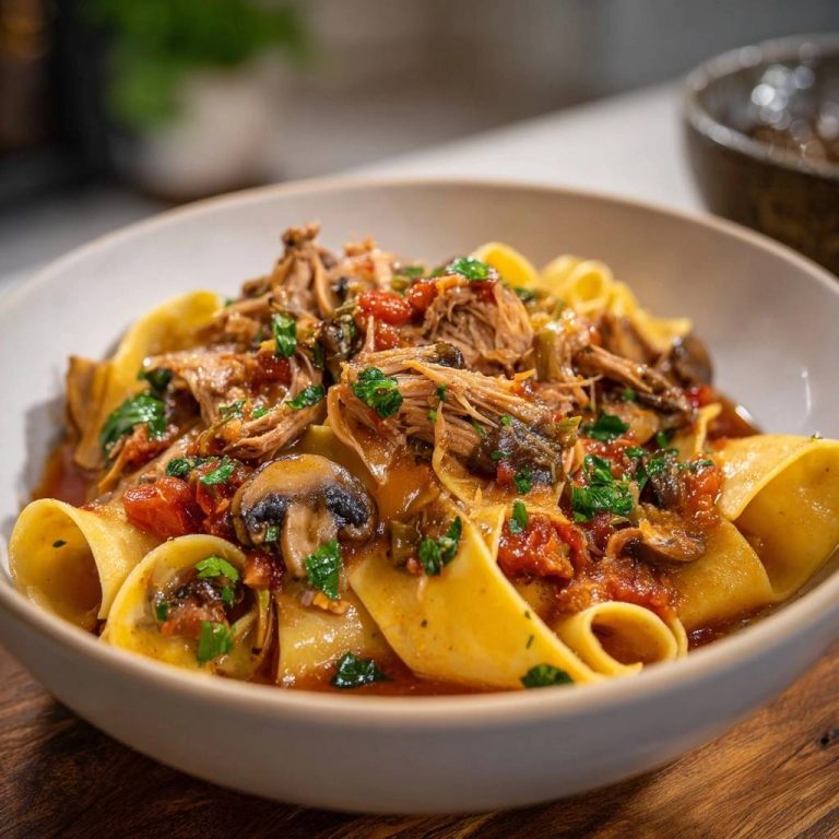 Herzhaftes Rinder-Ragout mit Pappardelle in einer Nahaufnahme, serviert in einer eleganten Schüssel mit frischer Petersilie.