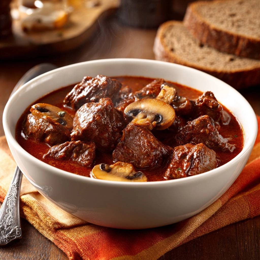 Herzhaftes Rindergulasch mit Champignons in einer weißen Schüssel, eine Nahaufnahme des dampfenden Gerichts mit Pilzen und Fleisch.