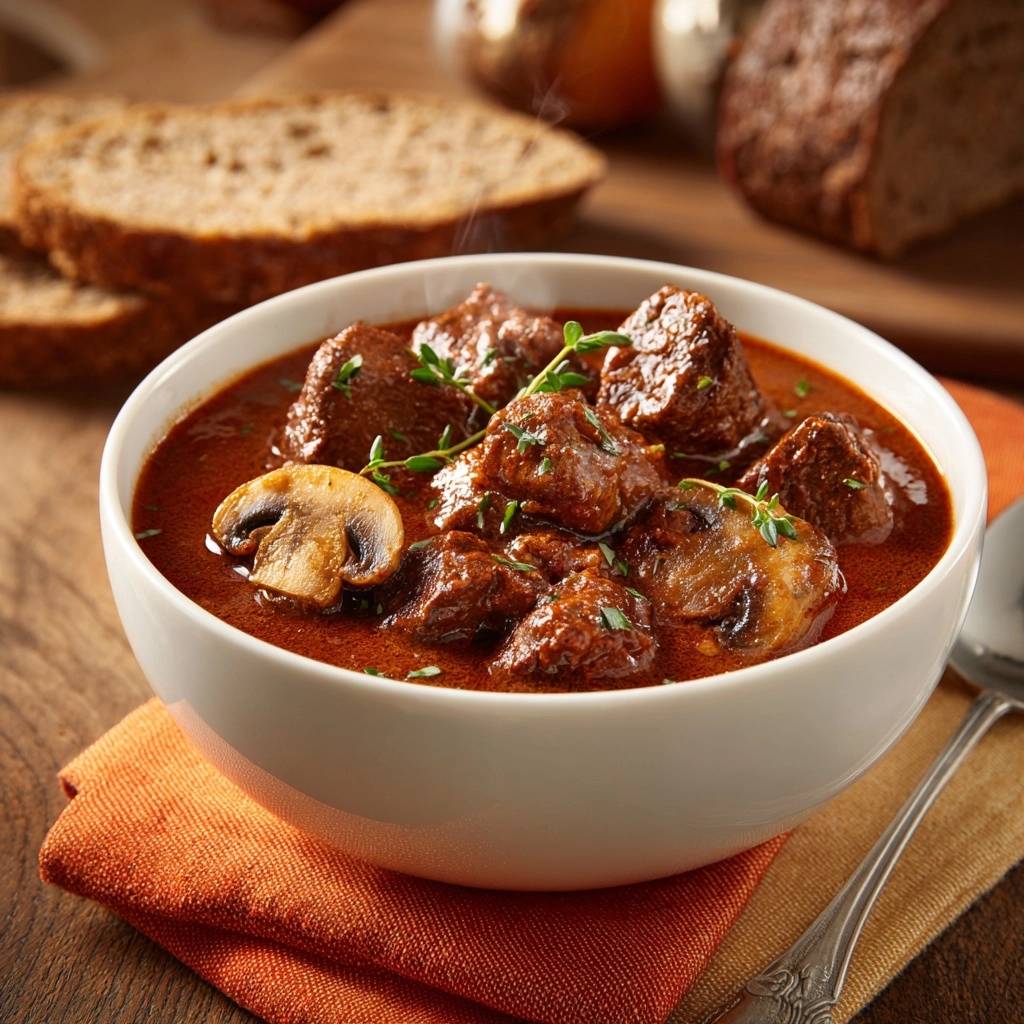 Herzhaftes Rindergulasch mit Champignons in einer weißen Schüssel serviert, eine Nahaufnahme des dampfenden Gerichts mit frischen Kräutern.