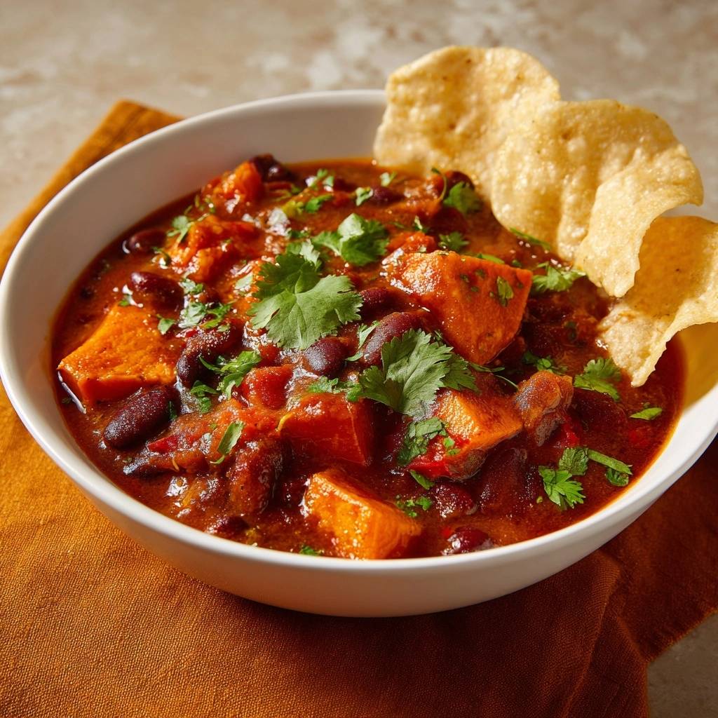 Herzhaftes Suesskartoffel Chili Serviert 1 Herzhaftes Süßkartoffel-Chili serviert in einer weißen Schüssel, garniert mit frischem Koriander und knusprigen Tortilla-Chips zum Dippen.